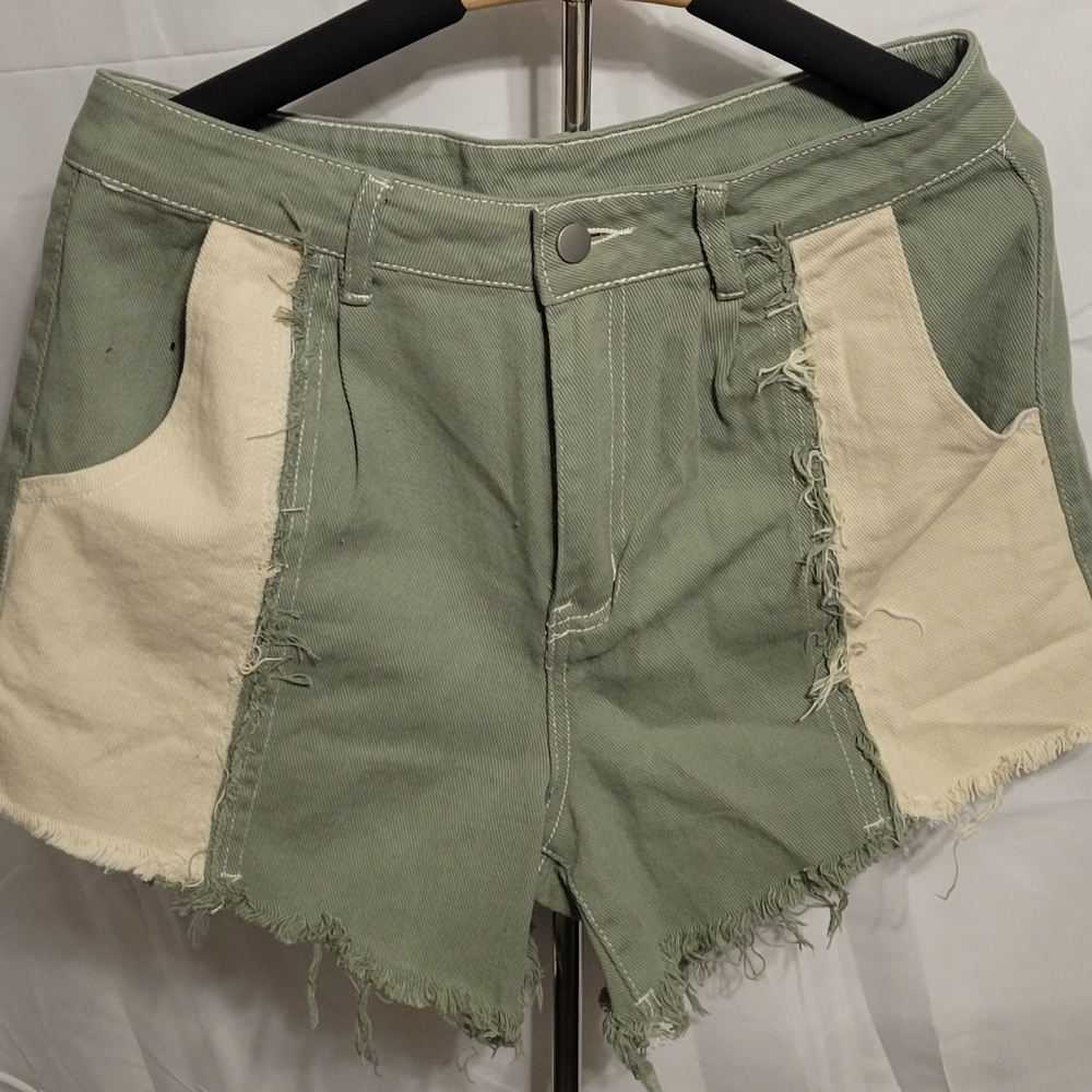 SHEIN Green and Cream Jean Shorts